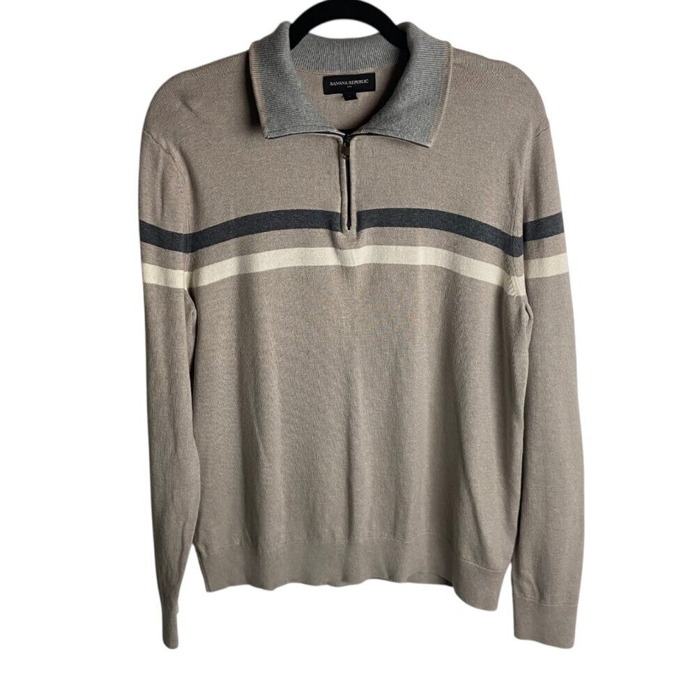 Banana Republic Men's Size L Cashmere Blend Quater Zip Sweater Striped Tan Grey